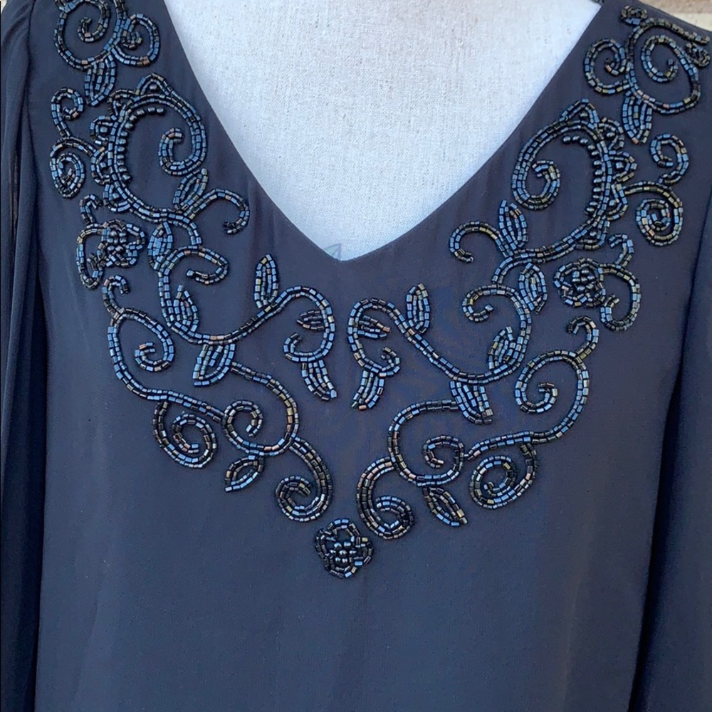 Liz Claiborne Black Beaded Trim V-neck Blouse Top - Picture 4 of 11